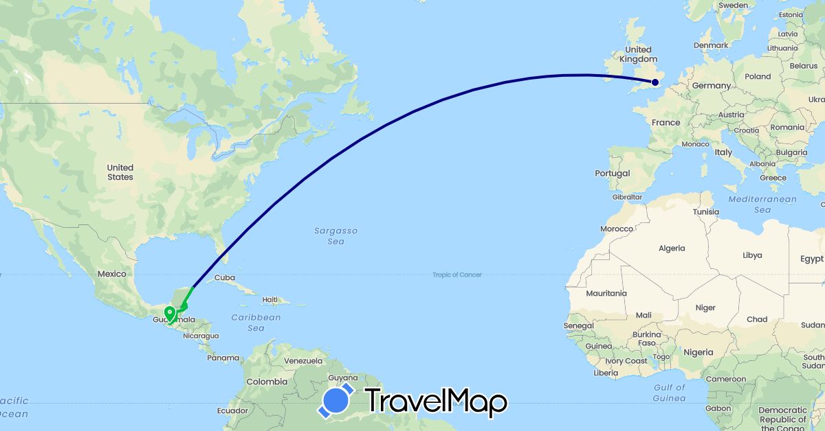 TravelMap itinerary: driving, bus in Belize, United Kingdom, Guatemala, Mexico (Europe, North America)